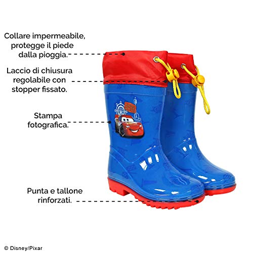 PERLETTI Botas de Agua Disney Pixar Cars - Botines Impermeables Lluvia Rayo Mcqueen Niño - Suela Antideslizante y Cierre con Cordón - Azul y Rojo - PVC (Azul, 22/23 EU)