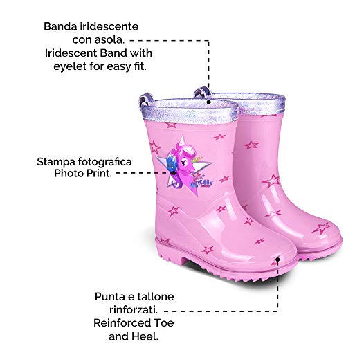 PERLETTI Botas de Agua para Niña Unicornio - Botines Impermeables de Moda Rosa con Estrellitas - Suela Antideslizante y Borde Plateado Iridiscente - Cool Kids (Rosa, 26)