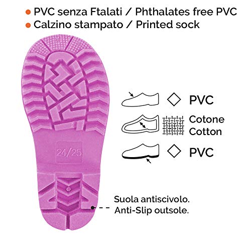 PERLETTI Botas de Agua para Niña Unicornio - Botines Impermeables de Moda Rosa con Estrellitas - Suela Antideslizante y Borde Plateado Iridiscente - Cool Kids (Rosa, 26)