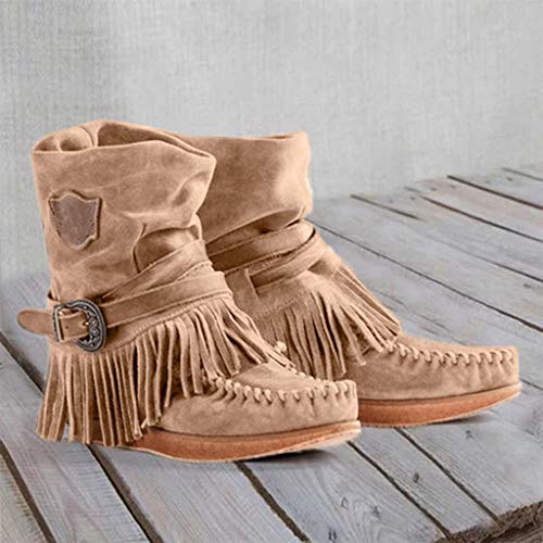 POLP Botines para Mujer con Borla Casual Punta Redonda Roma Retro Botas de Mujer Invierno Zapatos Planos Botas Alta con Hebilla Cálido con Flecos