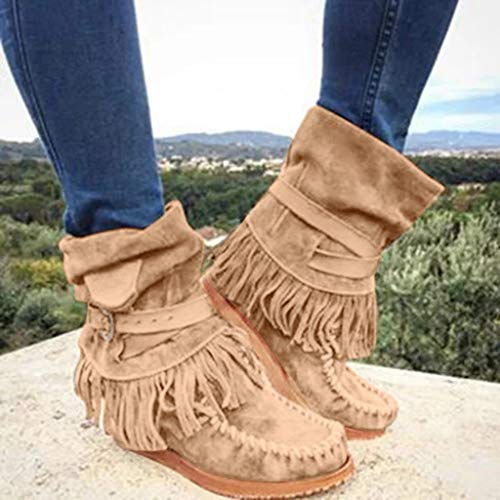 POLP Botines para Mujer con Borla Casual Punta Redonda Roma Retro Botas de Mujer Invierno Zapatos Planos Botas Alta con Hebilla Cálido con Flecos