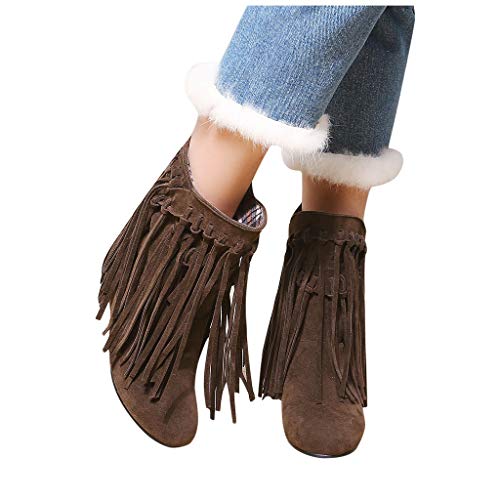 Posional Botas para Mujer Bandage Flecos Botitas BotíN Moda Zapatos De TacóN Gamuza Mujer Bordadas Invierno con Flecos Largos Moda Bota Tobillo Caballero Occidental Punta Redonda Y Plana TacóN Bajo