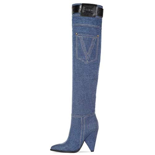 RAZAMAZA Mujer Moda Tacón Alto Botas de Muslo Puntiagudo Botas Largas Cremallera Botas Vaqueras Shenlanse Talla 39 Asian