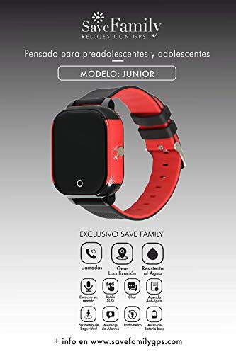 Reloj con GPS para niños Save Family Modelo Junior Acuático IP67. Smartwatch Juvenil. Botón SOS, Anti-Bullying, Chat Privado, Modo Colegio, Llamadas y Mensajes. App Propia. Negro