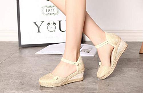 Rengzun Mujer Cuña Alpargatas Sandalias Verano Transpirable Zapatos Correa de Tobillo Zapatillas Sandals Elegante Beige