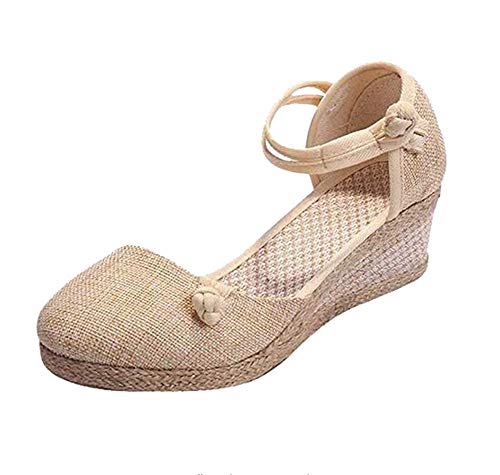 Rengzun Mujer Cuña Alpargatas Sandalias Verano Transpirable Zapatos Correa de Tobillo Zapatillas Sandals Elegante Beige