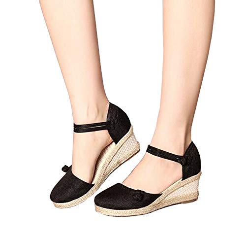 Rengzun Mujer Cuña Alpargatas Sandalias Verano Transpirable Zapatos Correa de Tobillo Zapatillas Sandals Elegante Negro