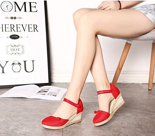 Rengzun Mujer Cuña Alpargatas Sandalias Verano Transpirable Zapatos Correa de Tobillo Zapatillas Sandals Elegante Rojo