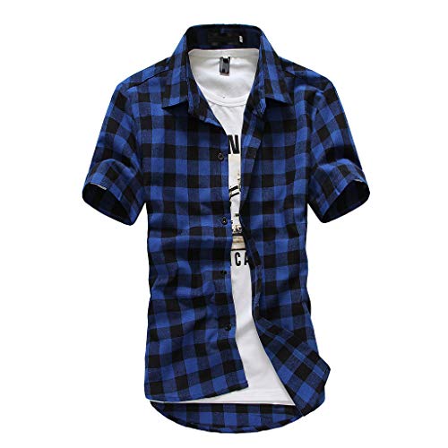 riou Camisa de Manga Corta para Hombre Cuello En V Camisetas Botón En Slim para Camisas Ocio Solapa Casual a Cuadros de Primavera y otoño para Hombres Blusa Tops T-Shirt