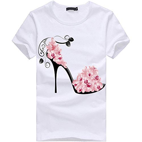 riou Camisetas Manga Corta Mujer Moda De Verano Estampada de tacón Alto Blusa Camisa Cuello Redondo Basica Camiseta Suelto Tops Casual Playa y Fiesta