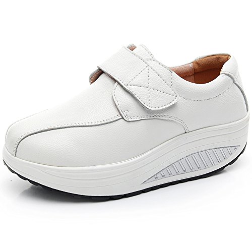 rismart Mujer Cuña Bucle Cómodo Linda Cuero Zapatillas Zapatos SN8787(Blanco,EU39.5)