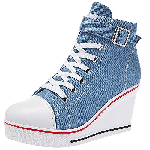 rismart Mujer Cuñas Zapatos De Lona High-Top Casuales Cremallera de Moda Zapatillas Talla Grande SN02438(Azul,38 EU)