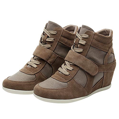 Rismart Mujer Tacón de cuña Linda Cómodo Bucle De Gancho Tela&Ante Cuero Casual Zapatillas Zapatos(marrón,38.5 EU)