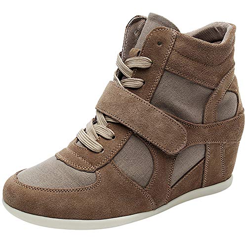 Rismart Mujer Tacón de cuña Linda Cómodo Bucle De Gancho Tela&Ante Cuero Casual Zapatillas Zapatos(marrón,38.5 EU)