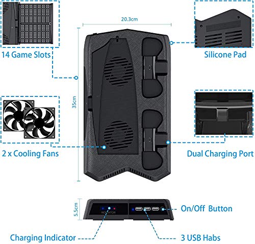 RIXOW Refrigeración para PS5, Soporte Vertical para Controlador para Sony Playstation 5, Estación de Carga con 2 Ventiladores, con 14 Bandejas de Almacenamiento de Discos de Juegos Retráctiles