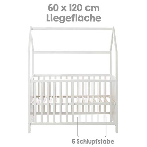 roba-kids 203120TPFS - Cama de casa 60 x 120 cm, cama de bebé y cama supletoria con aspecto de casa, blanca, ajustable en 3 direcciones, convertible, unisex, pardo