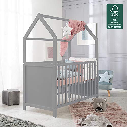 roba-kids 203120TPFS - Cama de casa 60 x 120 cm, cama de bebé y cama supletoria con aspecto de casa, blanca, ajustable en 3 direcciones, convertible, unisex, pardo