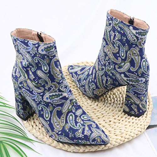 Routinfly Botines con Cremallera De Tacón Grueso para Mujer, Zapatos De Tacón Grueso con Punta Puntiaguda Botas Bordado con Estampado De Flores