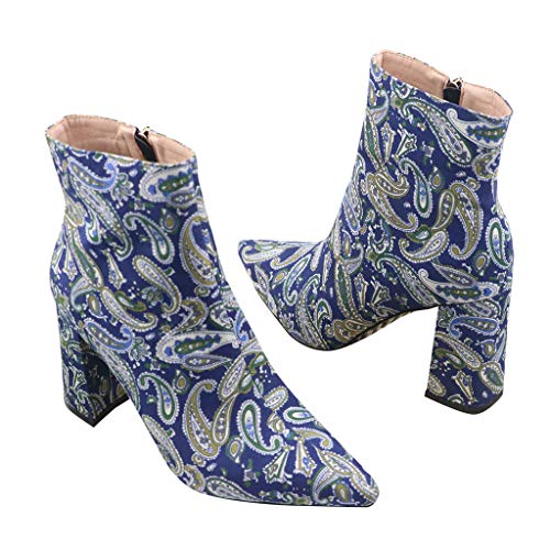 Routinfly Botines con Cremallera De Tacón Grueso para Mujer, Zapatos De Tacón Grueso con Punta Puntiaguda Botas Bordado con Estampado De Flores