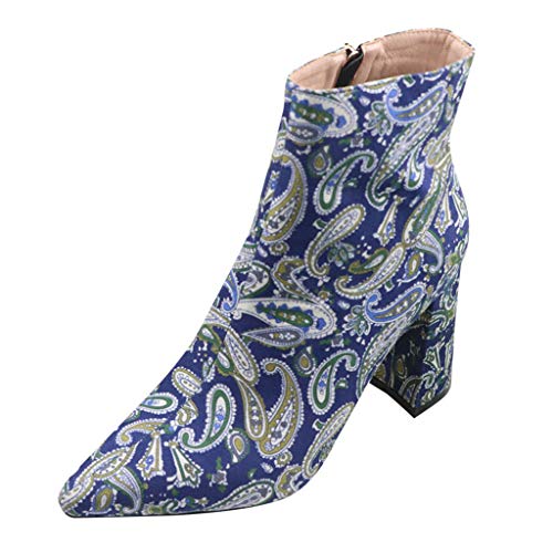 Routinfly Botines con Cremallera De Tacón Grueso para Mujer, Zapatos De Tacón Grueso con Punta Puntiaguda Botas Bordado con Estampado De Flores