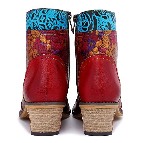 Ruanyi Botas de Las Mujeres, Botas de Vaquero de Cuero del Color del Contraste del Estilo étnico Retro con Cordones Impreso Ocasional para Las señoras (Color : Red, Size : 41EU)