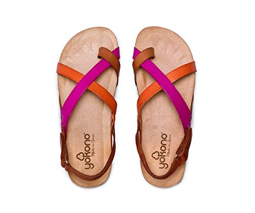 Sandalia Bio de Piel Plana para Mujer con Velcro - YOKONO Ibiza 718 Marrón, Rosa y Naranja (Numeric_40)