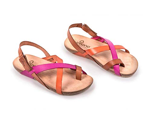 Sandalia Bio de Piel Plana para Mujer con Velcro - YOKONO Ibiza 718 Marrón, Rosa y Naranja (Numeric_40)