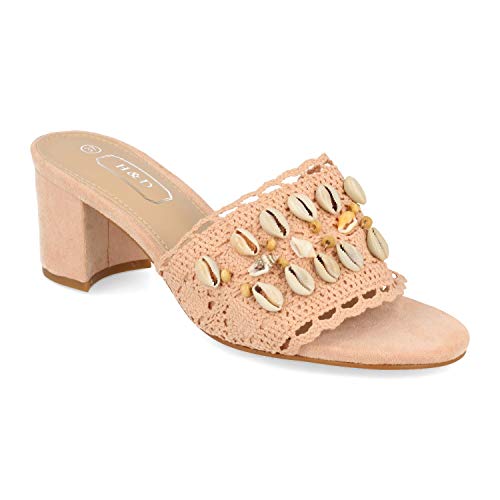 Sandalia de Tacon para Mujer Estilo Boho con Adornado de Conchas en Pala y Talon Abieto. Primavera Verano 2020. Talla 36 Rosa