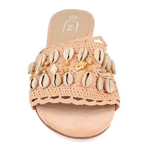 Sandalia de Tacon para Mujer Estilo Boho con Adornado de Conchas en Pala y Talon Abieto. Primavera Verano 2020. Talla 36 Rosa