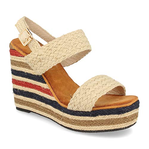 Sandalia Estilo Boho Hippie para Mujer con Cuna de Yute Multicolor, Pala y Cierre de Rafia y Hebilla. Primavera Verano 2020. Talla 39 Beige