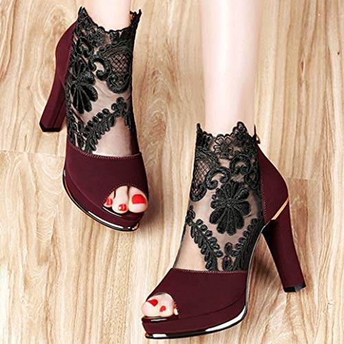 Sandalias Altas para Mujer Tacón con Plataforma de Encaje Sandalias de tacón Alto de Verano Tacón Occidental Peep-Toe Tacones Altos para Mujer