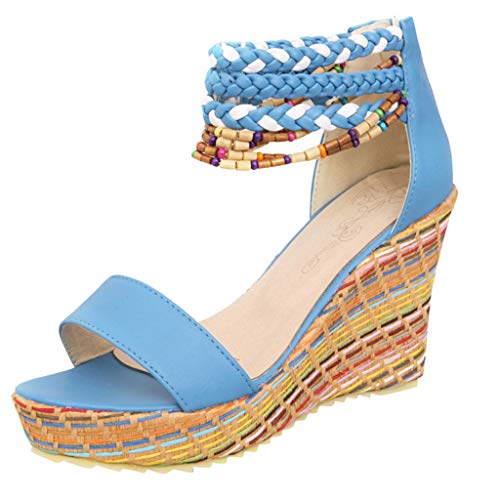 Sandalias Boho Tacones de Verano Mujer, Roma Vintage Zapatos de Playa Zapatos Planos de Casuales de Plataforma Sandalias Boca de Pescado Sandalias de CuñA con Cremallera Talla Grande Amarillo 35-43EU