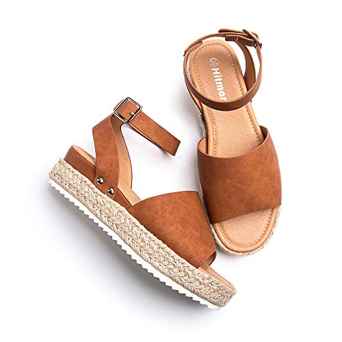 Sandalias Mujer Alpargatas Plataformas Romano Cuña Hebilla Gladiador Zapatos Verano Playa Punta Abierta Tacon 5.6cm Correa de Tobillo 1-Marrón EU37