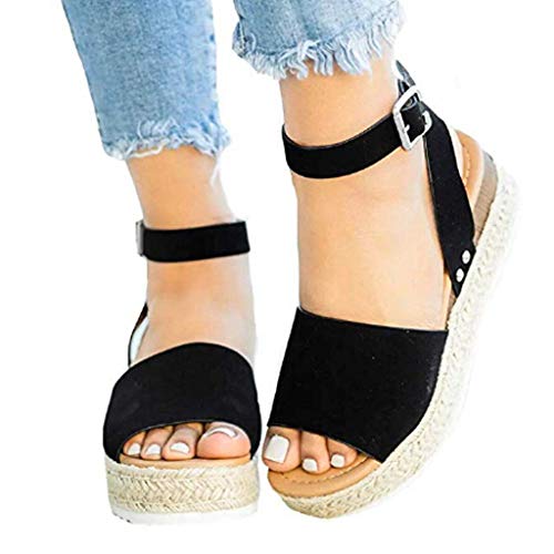 Sandalias Mujer Verano 2019 cáñamo Fondo Grueso Sandalias Punta Abierta Cuero Fondo Plano Zapatos Bohemias Romanas Hebilla Zapatillas Gris 35-43 riou (40 (EU), Negro)