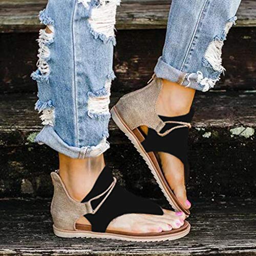 Sandalias Mujer Verano 2020 Cuña Fondo Plano Sandalias Punta Abierta Cuero Retro Zapatos Tacón Plano Casuales Cómodas Mujeres Zapatillas de Playa con Cremallera riou