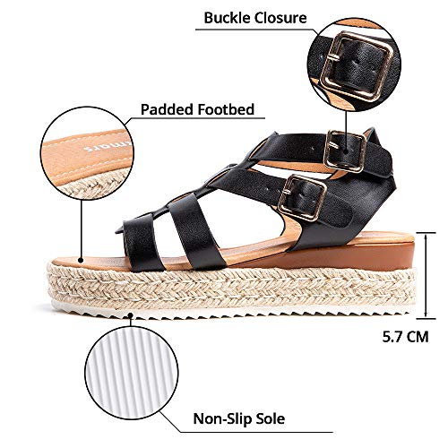 Sandalias Mujer Verano Plataforma Alpargatas Esparto Cuña Zapato Punta Abierta Hebilla Comodas Negro Talla 39 EU