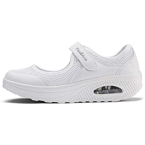 Sandalias para Mujer Malla Merceditas Plataforma Ligero Zapatillas Sneaker Mary Jane Casual Zapatos de Deporte Mocasines Negros Verano EU37 A-Blanco-2