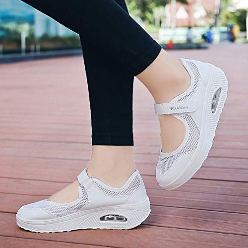 Sandalias para Mujer Malla Merceditas Plataforma Ligero Zapatillas Sneaker Mary Jane Casual Zapatos de Deporte Mocasines Negros Verano EU37 A-Blanco-2