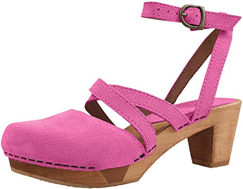 Sanita Tinja Sandalias zuecos | Sandalias originales hechas a mano de piel flexible de madera para mujer, color Rosa, talla 37 EU