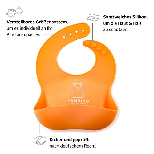 Set de 2 baberos de bebé con correa 30x22cm - Saco de goteo de silicona suave sin BPA – babero silicona bebe babero rigido bebe baberos silicona bebe babero silicona baberos YAMBINO (Naranja/Amarillo)