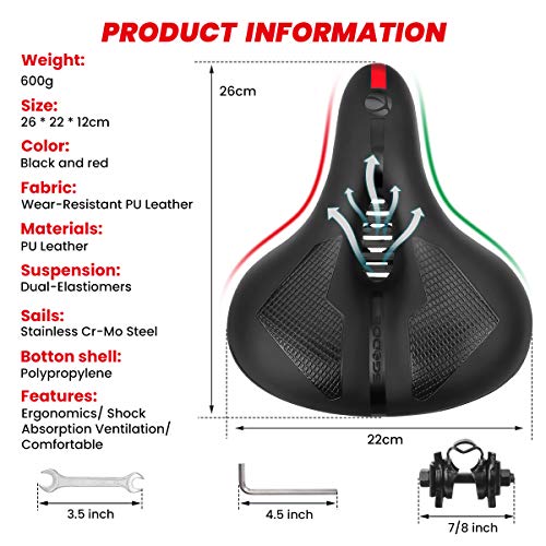 SGODDE Sillín de Bicicleta, Asiento de Bicicleta Espuma Viscoelástica de Rebote, Sillín de Ciclismo, Asiento de Bicicleta de Gel Ergonómico, Suave, Impermeable y Transpirable, Sillín de MTB 26 x 22 cm