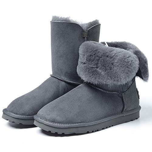 Shenduo Zapatos Invierno - Botas de Nieve de Piel Oveja con Lana Interno Antideslizantes con botón para Mujer DV5803 Gris 38