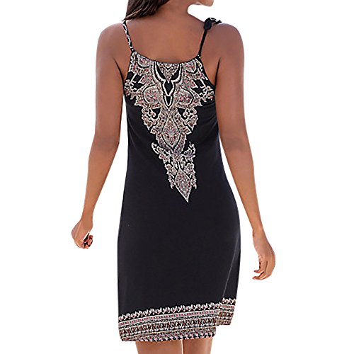 SHOBDW Las Mujeres del Verano de la Manera del Halter Cuello Boho Sexy Imprimir sin Mangas Casual Mini Vestido de Beachwear Vestido de Tirantes (S, Negro)