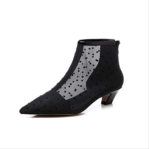 SHZSMHD Botines de Flores Bordadas de Encaje de Moda Mujer Otoño Nuevos Tacones Gruesos Botas Cortas Cremallera Martin Zapatos de Punta Puntiaguda 8 Negro