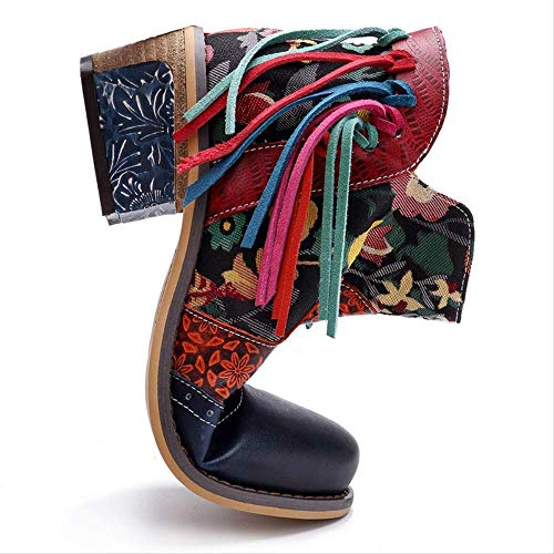 SHZSMHD Nuevos Botines de Flores Bordados Vintage Zapatos de Mujer Mujer Cremallera de Empalme de Cuero Genuino Botas de Mujer Casuales 9.5 Multi