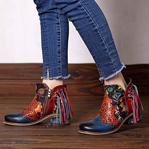 SHZSMHD Nuevos Botines de Flores Bordados Vintage Zapatos de Mujer Mujer Cremallera de Empalme de Cuero Genuino Botas de Mujer Casuales 9.5 Multi