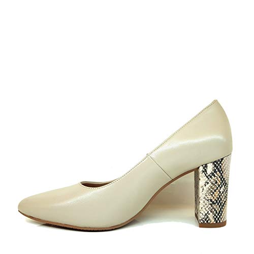 Siggy - Salones Zapatos para Mujer en Piel Color Nude Marfil con Serpiente - Punta Fina y Tacon Ancho de 7 cm - Forro de Piel - Moda Tacones Elegantes - Tendencia Animal Print - Beige 39 EU