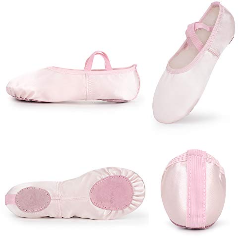 Soudittur Zapatillas de Ballet Satén -Media Punta Calzado de Danza para Niña y Mujer Adultos Suela Partida de Cuero Rosa Tallas 25 (Elija Un Tamaño Más Grande)