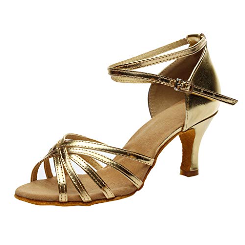 STRIR Mujer Sandalias de Tacon con Brillantes Plataforma Peep Toe Tacon Ancho Correa de Tobillo Boda Novia Zapatos T-Bar Medio Talón Boda Fiesta Metálico