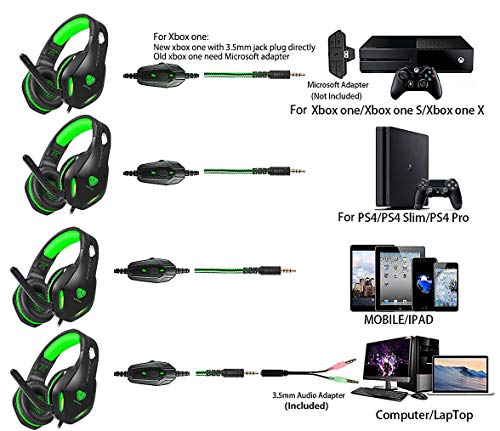 Stynice Cascos Gaming, Cascos PS4 con Microfono per PC/PS5/Xbox One/Laptop/Mac-Stereo Surround Headset con Cuffie morbide con Jack da 3,5 mm LED Verde (Cavo Splitter Incluso)